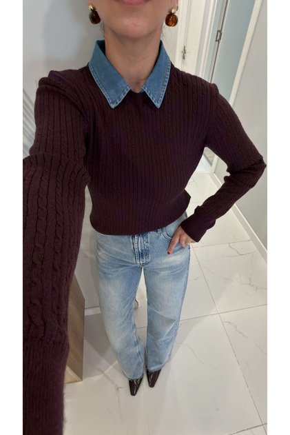 Volle Kahve Removable Denim Collar Detail with Braided Knitted Details Knit Sweater