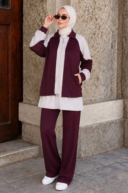 Oysho Cherry Modest Two-Piece Set with Contrasting Colors and Zip Detail, 10430VSN