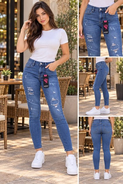 Pantaloni skinny cu talie înaltă, din țesătură de bumbac cu elastan, cu efect de uzură