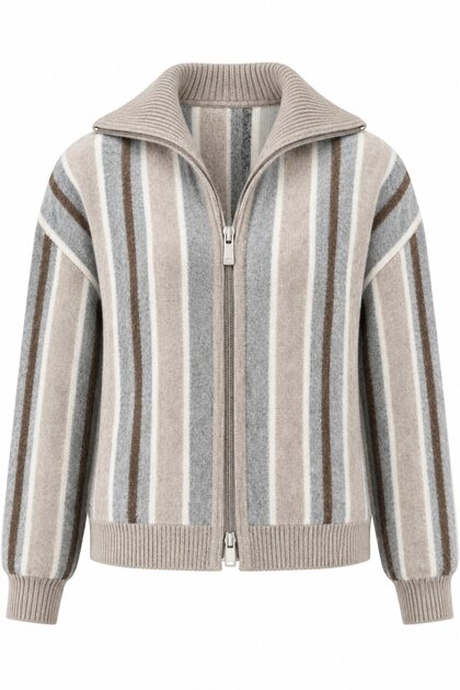 Dark Beige - Charcoal Grey Striped Cardigan - TH261048