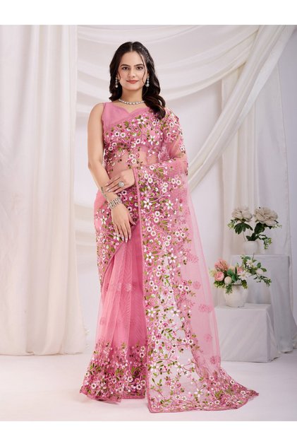 Designer Net Embroidery Saree | Fall & Pico Stitched| Featuring Vivid Floral Motifs and Matching Blouse Piece |Vivirasmi