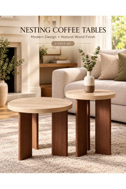 Modern Round Nesting Side Tables Set of 2 – Contemporary Living Room Coffee Tables with Thick Tabletops and Sturdy Pedestal Legs