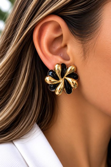 Gold-Plated Steel Flower Earrings with Detailed Black Enamel