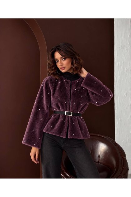 Soft Women's Short Cashmere Melton Coat with Pearl-Embellished Lining and Belt