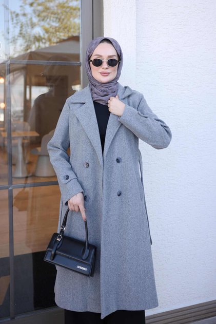 Gray Double-Breasted Collar Lined Cashmere Coat