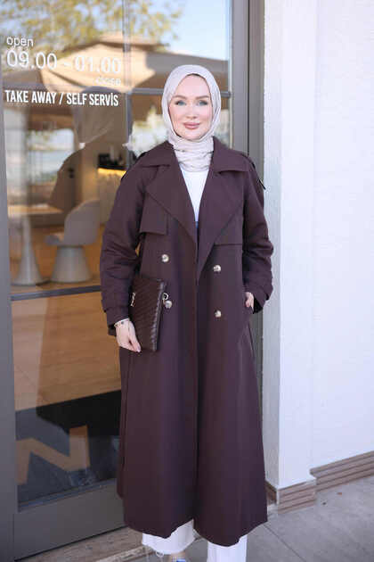 Brown Double-Breasted Collar Belted Trench Coat