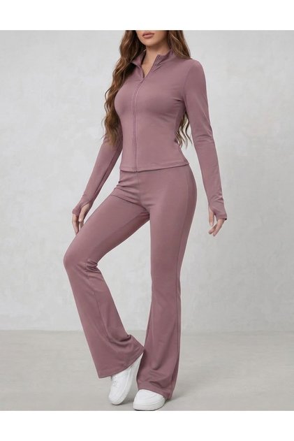 Premium Women's Rose-Print Trending Colors Finger-Hole Zipper Jacket & Flared-Leg Stretch Two-Piece Set