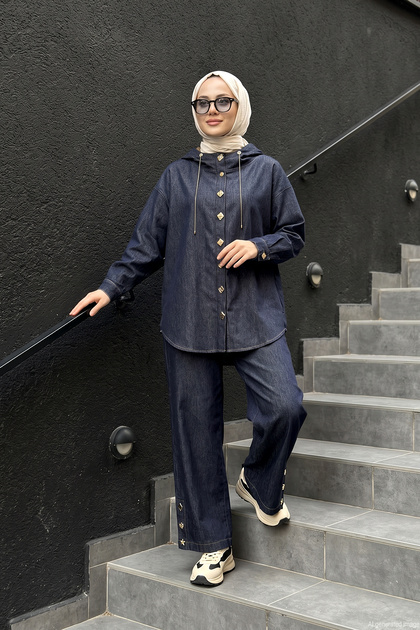 Denim Knit Hooded Sweatshirt with Different Snaps and Wide-Leg Pants Set, Size 110, Original