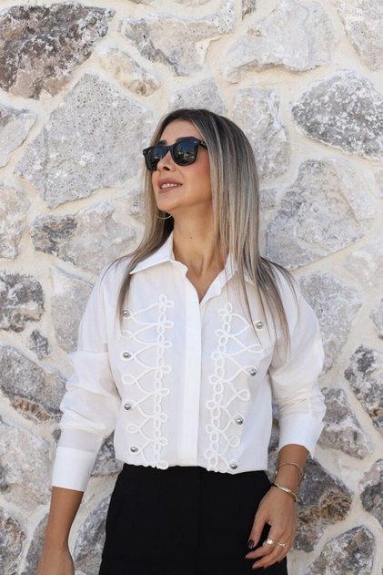 White Shirt with a Dropped Front and Embroidered Design