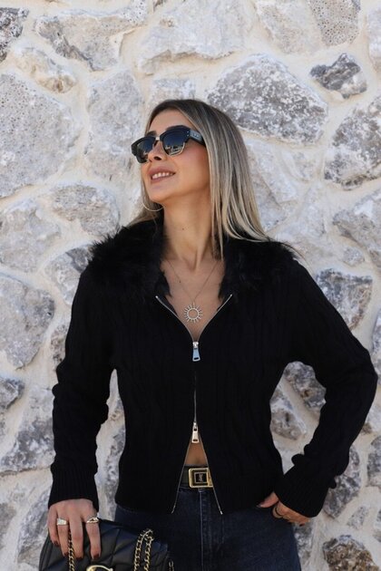 Black Standard-Size Knitted Fur-Trimmed Cardigan with Collar