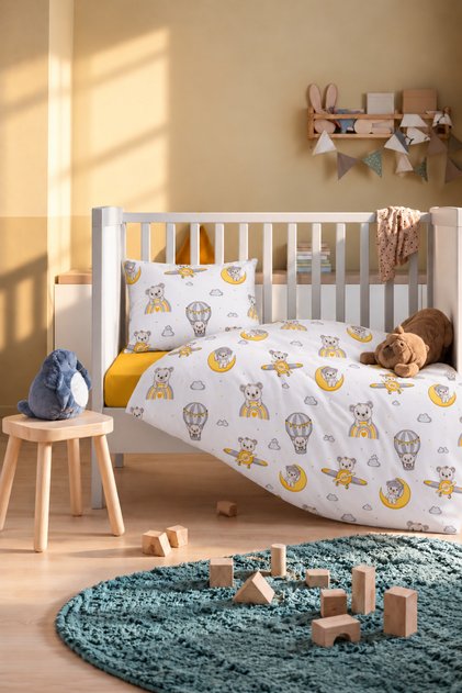 100% Cotton Cute Teddy Bear Print and Airplane-Patterned Duvet Cover Set, 3-Piece Set (100x150)