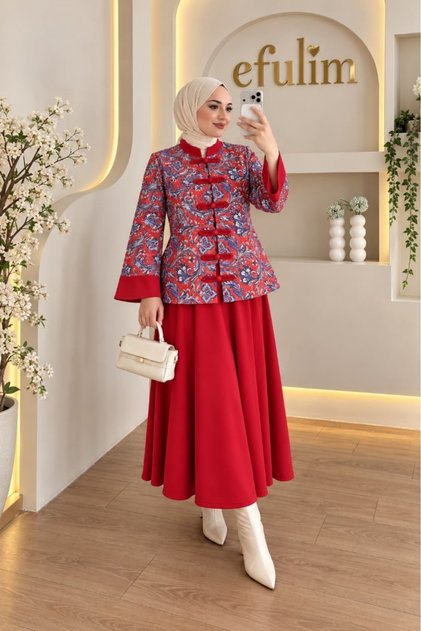 Women's SCARLET Puff-Sleeve Sandy-Print Button-Up Mock Neck Jacket and Flared Skirt Two-Piece Set
