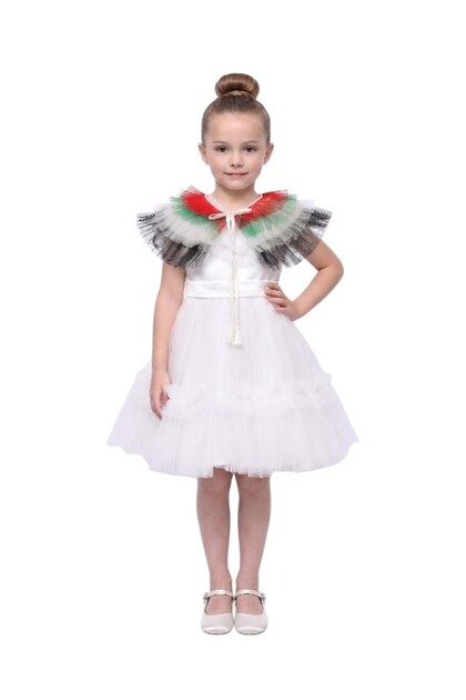 Girls White Satin & Tulle Occasion Dress with Removable UAE Flag Cape Collar