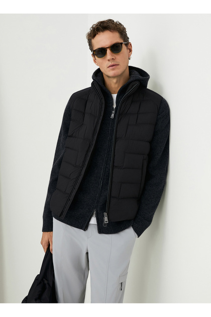 SUNLIGHT Siyah Erkek Klasik Yaka Slim Fit Cepli Dokuma Yelek