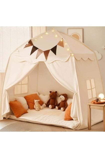 Extra Large Kids Play Tent with Flags and Star Lights, Portable Foldable Teepee Playhouse for Boys and Girls, 59x39x59 Inch, Cream