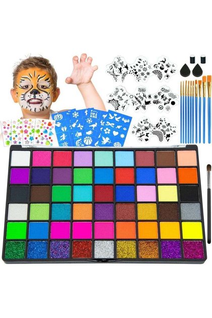 42 Colors Face Painting Kit for Kids, Water Activated Face Paint Set with Stencils, Gems and Brushes, Non-Toxic for Parties and Festivals