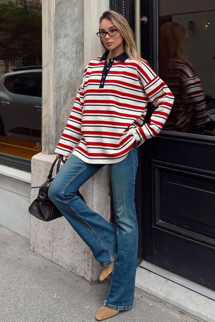 Women's Red Gabi Striped Polo Collar Knit Sweater