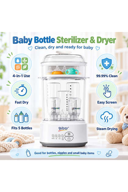 4-in-1 Steam Sterilizer and Dryer, Large Capacity Electric Sterilizer for Baby Bottles, Pacifiers, and Breast Pump Accessories, White