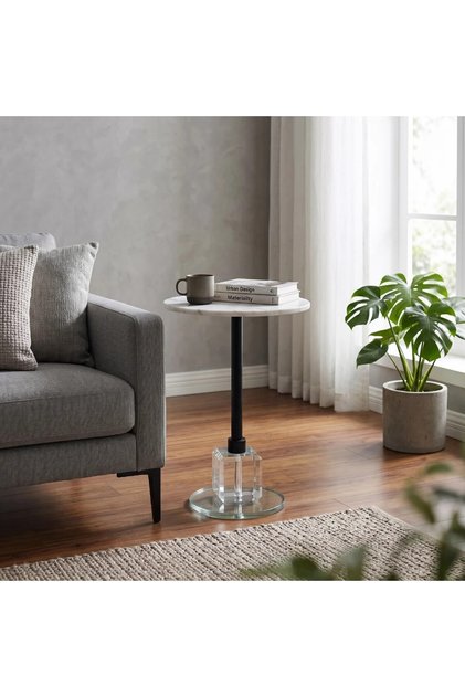 Modern Design Glass and Iron Side Service Table with Marble Top ــ White and Transparent, Black ــ 33X33X57Cm