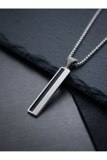 Steel Chain Men's Necklace, Rectangular Bar with Black Stripes, Minimalist