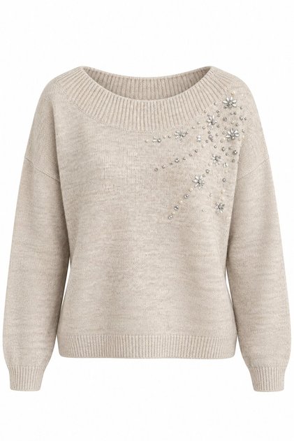 Light Beige Sweater Embellished with Stones and Featuring a Boat Neck - 2y251189