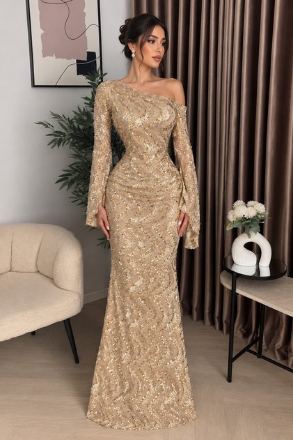 Champagne Gold Long Evening Dress Sequin Beaded Elegant Ruched One Shoulder Long Sleeves Gown