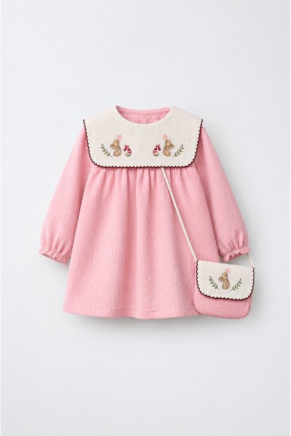 Pink Dress with an Embroidered Rabbit and a Bag for Girls
