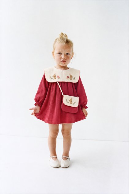Red Dress with an Embroidered Rabbit and a Bag for Girls