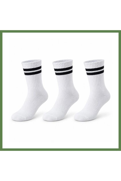 Unisex White Socks with Black Stripes, 3-Pack, Knee-High, Casual, Athletic, College Style, Comfortable, H B006