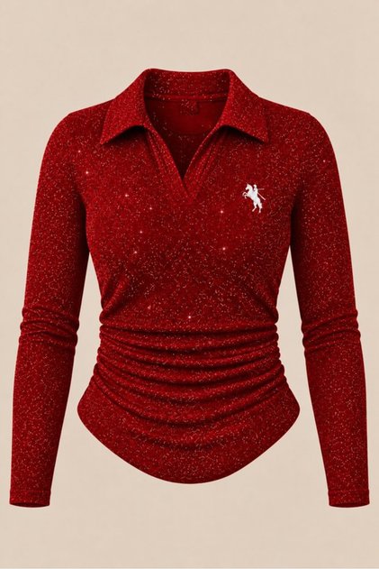 Silvery Polo Collar Ribbed Premium Long Sleeve Blouse