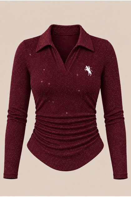 Silvery Polo Collar Ribbed Premium Long Sleeve Blouse