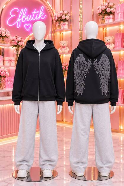 Black 2-Ply Brushed Inside Corduroy Back-Printed Stone-Winged Hooded Cardigan