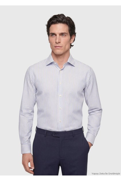 Light Blue Striped, Regular Fit, Long-Sleeved, Classic Woven Silk-Blend Shirt
