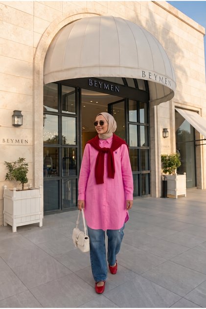Women's Embroidered Light Candy Pink Linen Modest Tunic Shirt, Slim Fit, Soft-Textured Cotton Fabric, 95–100 CM, CODE: JSW26-KTG