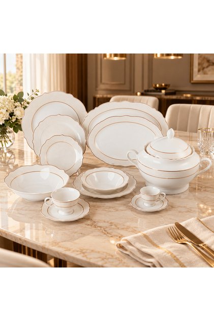 Tableware and Hospitality Set That Honors Your Guests – 62 Pieces for 6 People with Delicate Geometric Patterns and Gold Trim