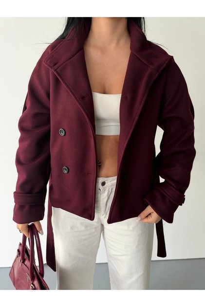 Arven high neck, belted, short, linered kaşe coat, black, brown.
