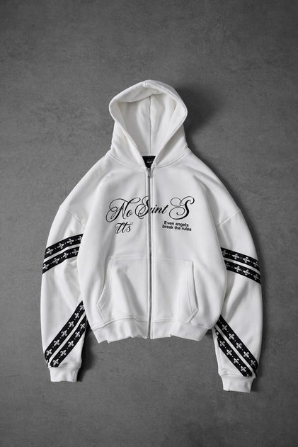 Men's White No Saints Oversized Full-Zip Hoodie