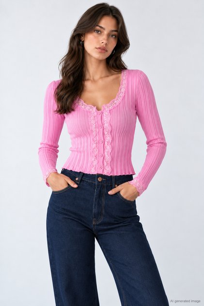 Women's Cardigan-Style Sweater with Lace Collar and Buttons