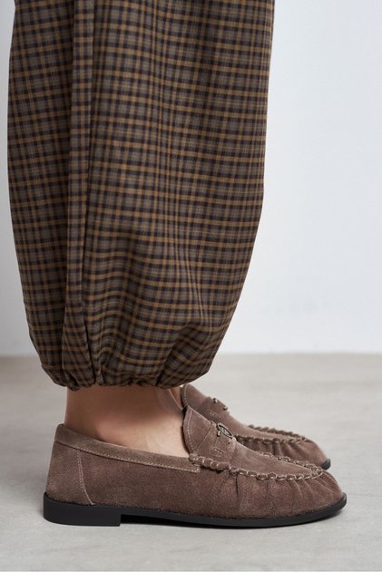Mirage Dark Beige Suede Leather Women's Loafer with Metal Buckle Detail and Ruched Gathering Detail