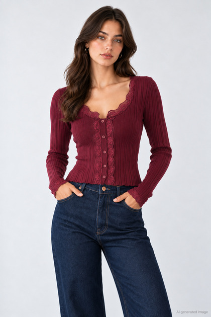 Women's Cardigan-Style Sweater with Lace Collar and Buttons