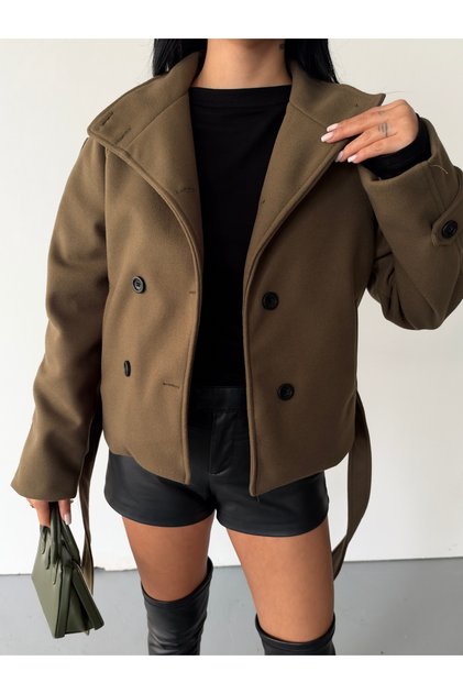 Arven high neck, belted, short, linered kaşe coat, black, brown.