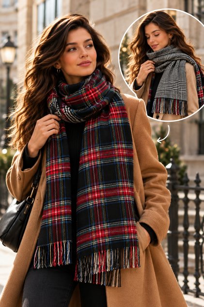 Chester Reversible Women's Shawl – Black and Red Plaid and Black and White Houndstooth Patterns, Tasseled Winter Shoulder Shawl, Scarf & Neckwarmer, Blanket Shawl - 75x180 cm