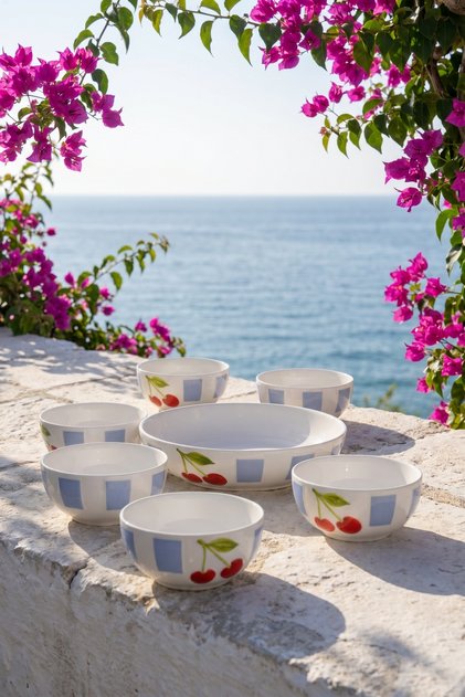 Cherry Much 7-Piece Porcelain Bowl Set for 6 People, Blue