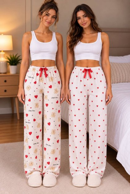 Women's Pajama Bottoms with a 2-Piece Cotton-Blend Light Satin Ribbon Detail and Small Teddy Bear Print