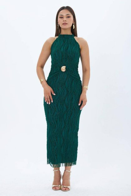 HAKTER Collar and Waist Accessory Detail-Detailed Flock-Printed Tulle Dress