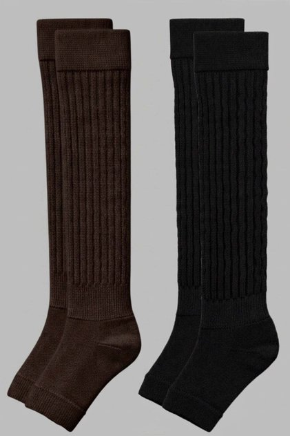 2 Pairs of Fingerless, Thick Ribbed, Above-Knee Leggings with Cotton Content