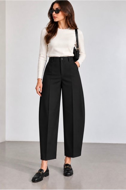 Women's Pants Barrel Pants Cloutte Pants High Stylish Boyfriend Wide Leg Black Fabric Pants