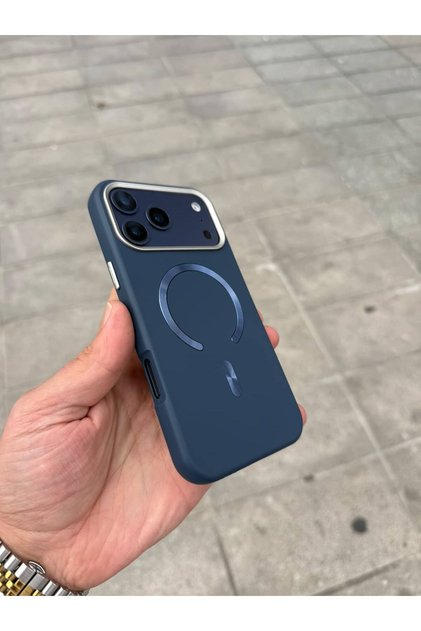 Navy Blue Luna Shine Silicone Case Compatible with Apple iPhone 15 Plus, Featuring Magsafe Technology.