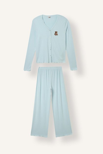Regular Fit V-Neck Button-Down Embroidered Long-Sleeve 2-Piece Pajama Set I6141Ax26Au