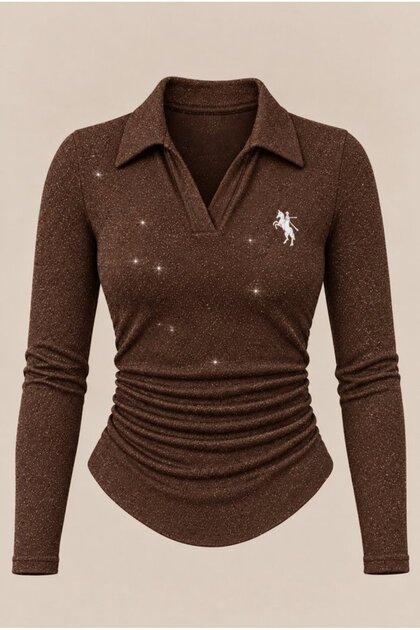 Polo Collar Blouse with Silver Embroidery and Ruffled Details